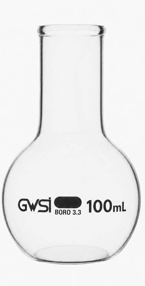 Boiling Flask 100ml Borosilicate Glass Flat Bottom, Wide Neck — GWSI laboratory product.