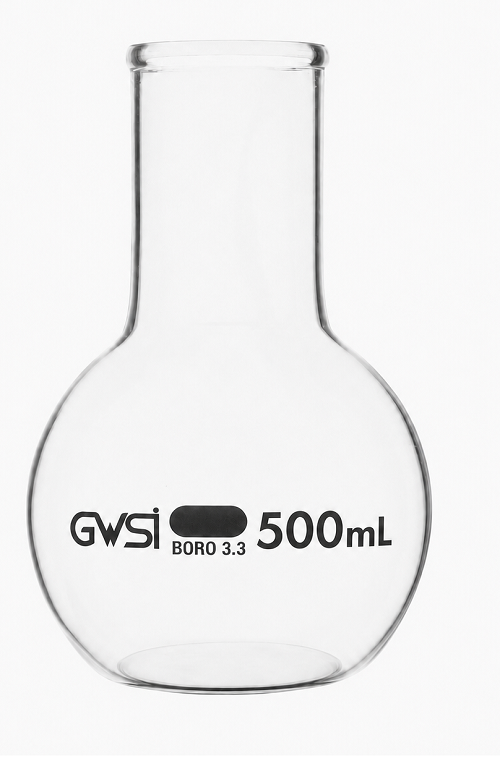Boiling Flask 500ml Borosilicate Glass Flat Bottom, Wide Neck — GWSI laboratory product.