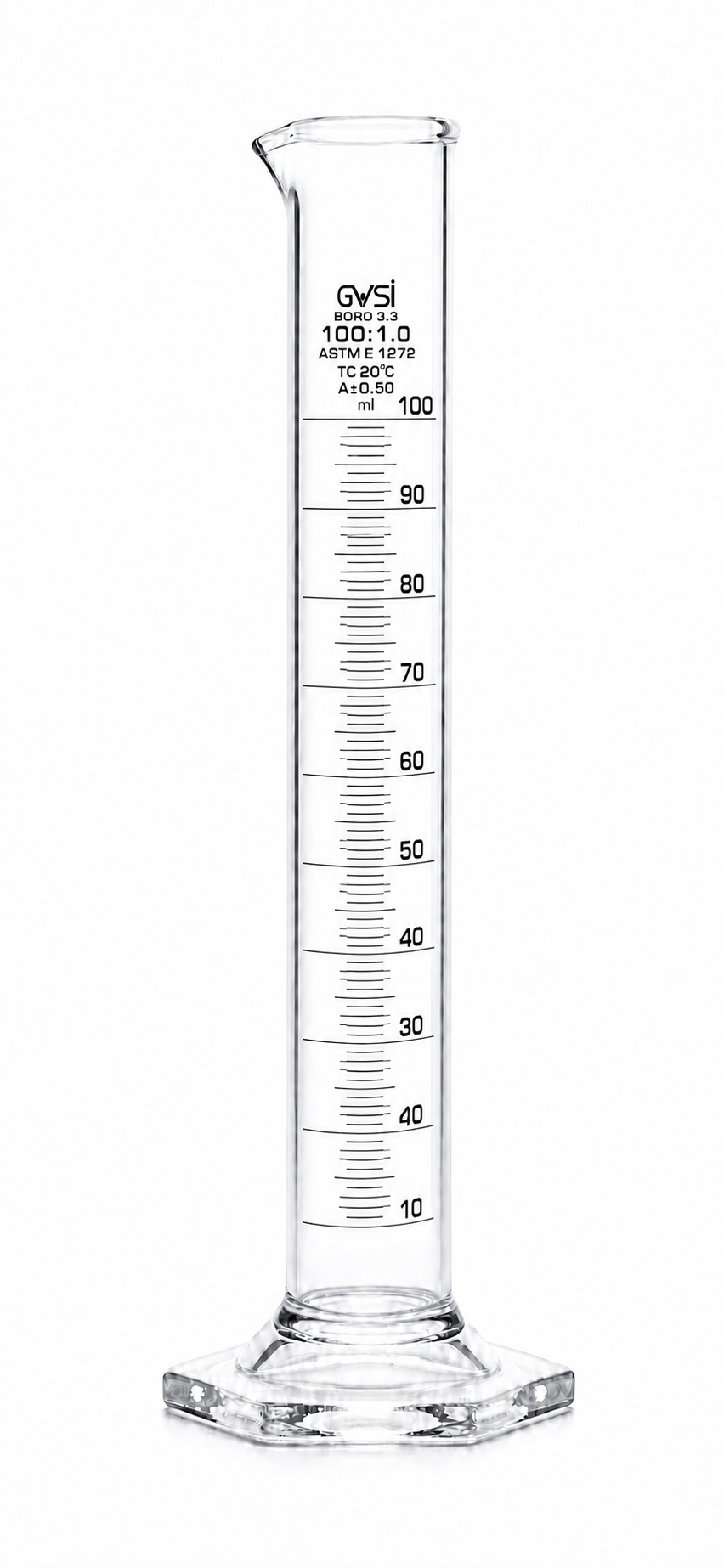Measuring Cylinder 100 ml, Hexagonal Class A, ASTM — GWSI laboratory product.