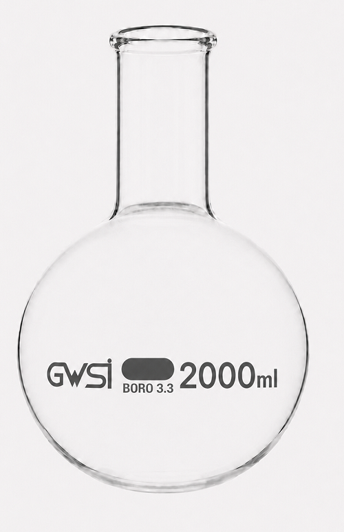 Flask Boiling , flat bottom, narrow neck with beaded rim 2000ml, borosilicate glass — GWSI laboratory product.