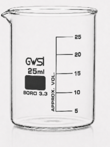 Beaker Low form, with spout borosilicate glass 25 ml — GWSI laboratory product.